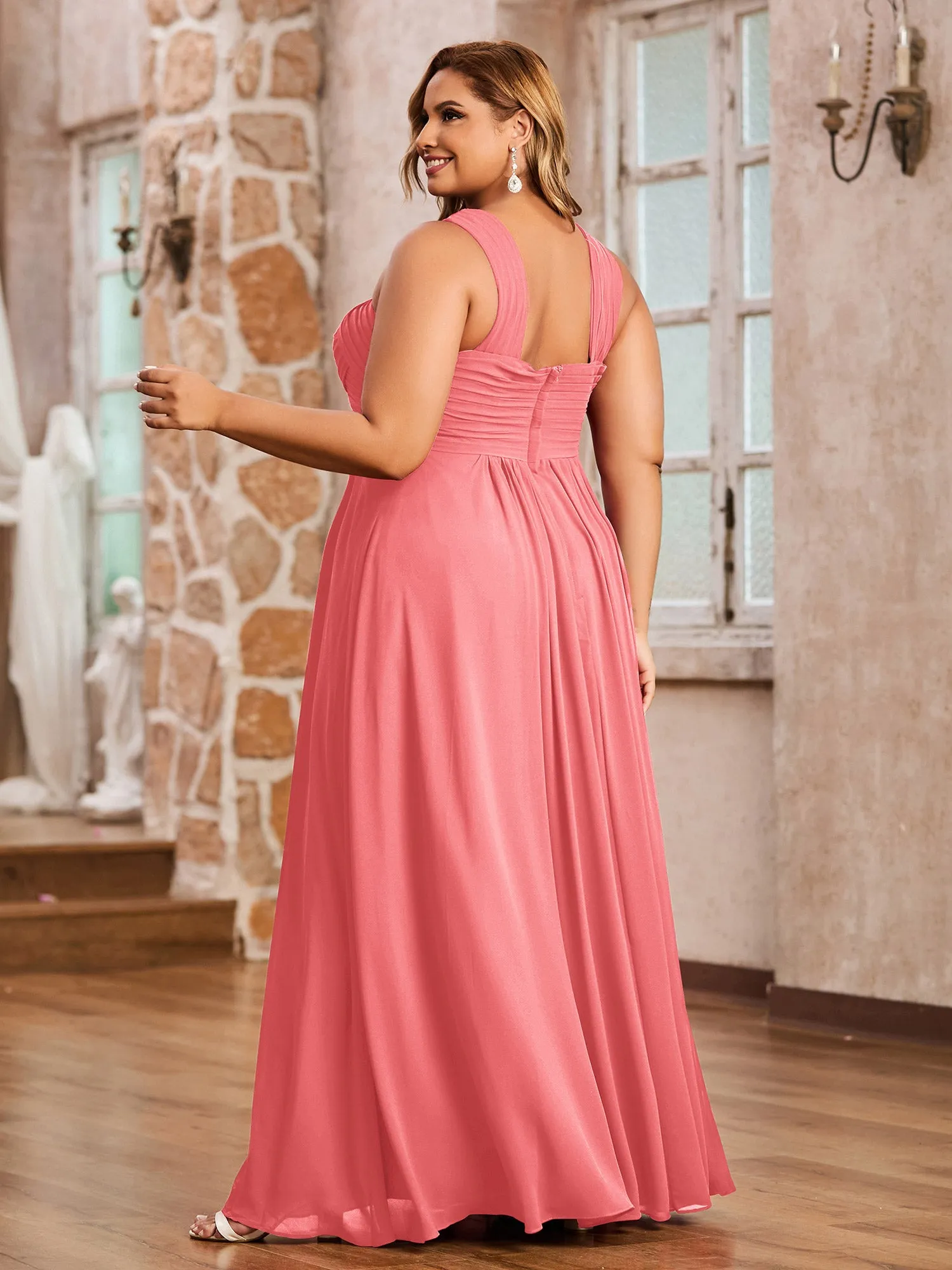 Cross Shoulder Strap Chiffon Dress with Empire Waist Watermelon Plus Size