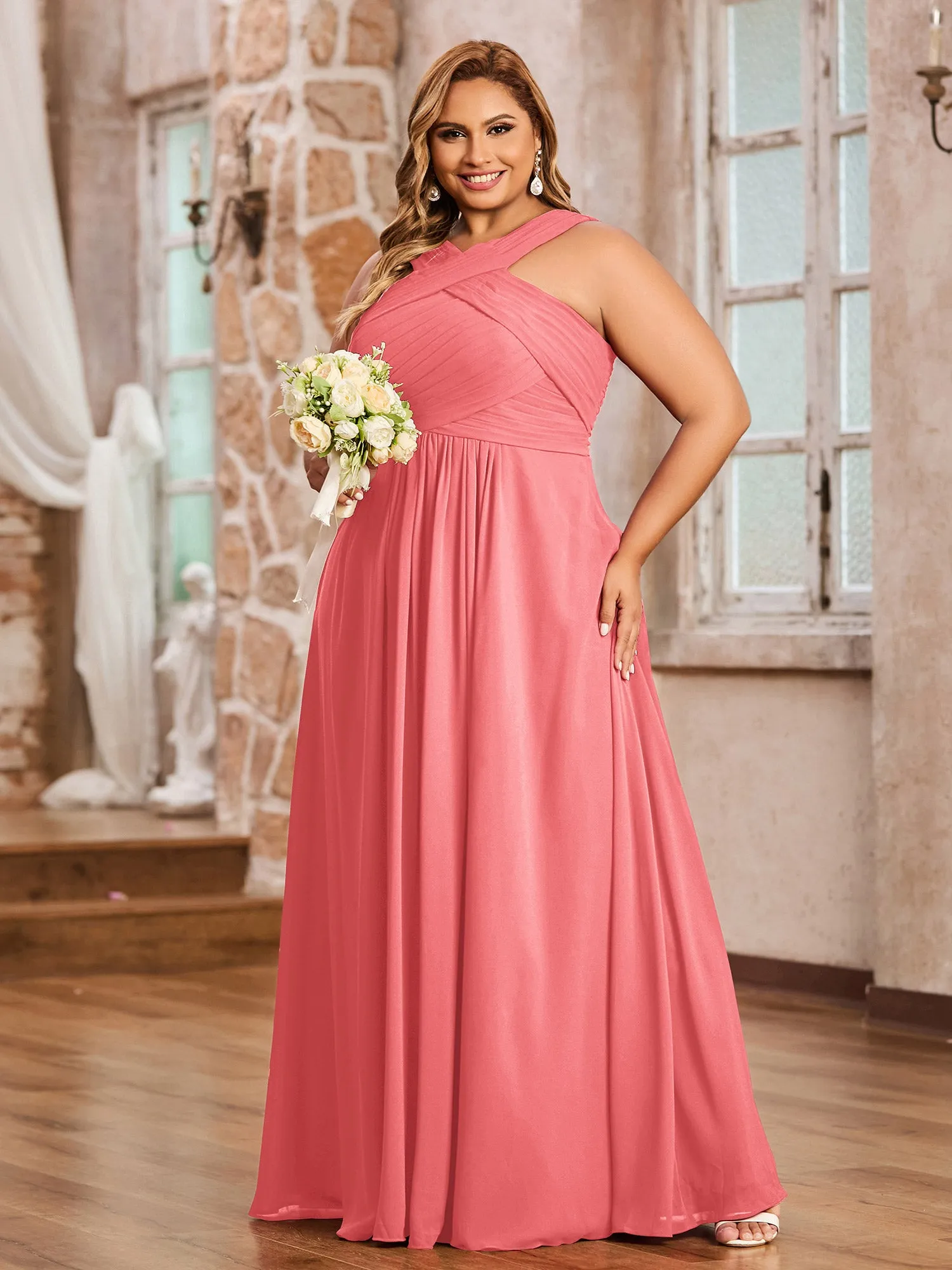 Cross Shoulder Strap Chiffon Dress with Empire Waist Watermelon Plus Size