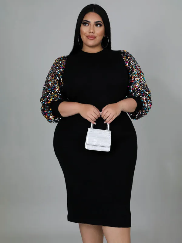 Curvy Plus Size Sequin Bodycon Dress with Long Sleeves