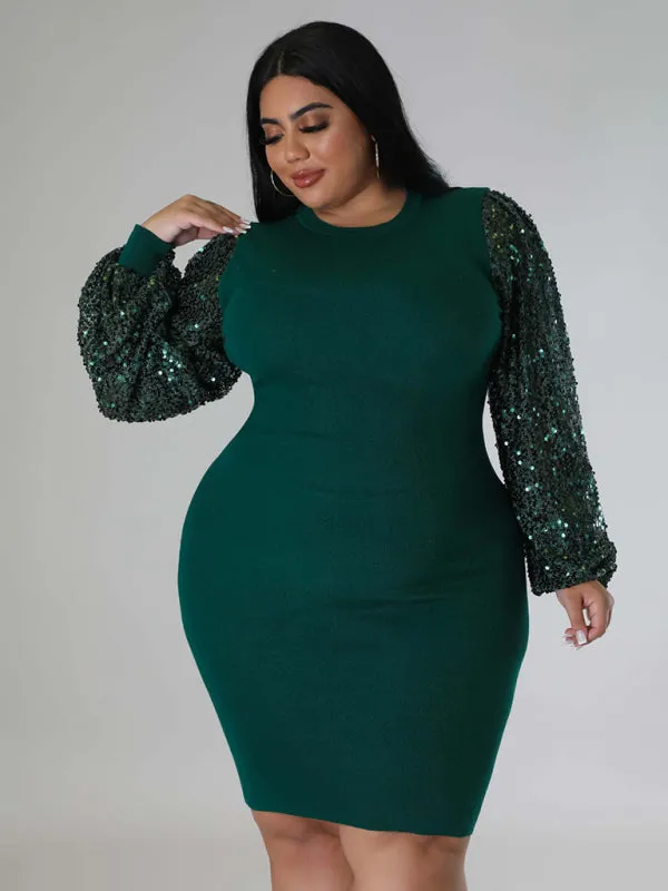 Curvy Plus Size Sequin Bodycon Dress with Long Sleeves