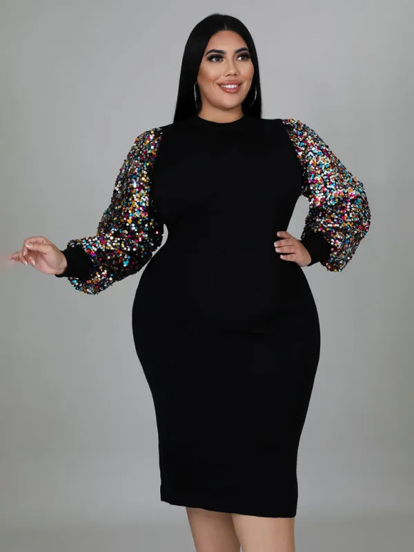 Curvy Plus Size Sequin Bodycon Dress with Long Sleeves