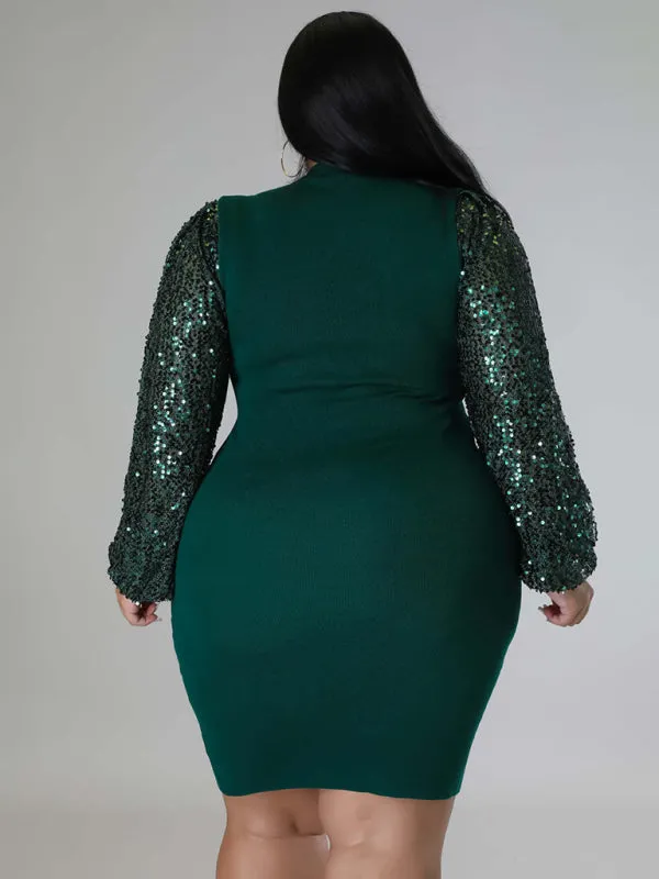 Curvy Plus Size Sequin Bodycon Dress with Long Sleeves