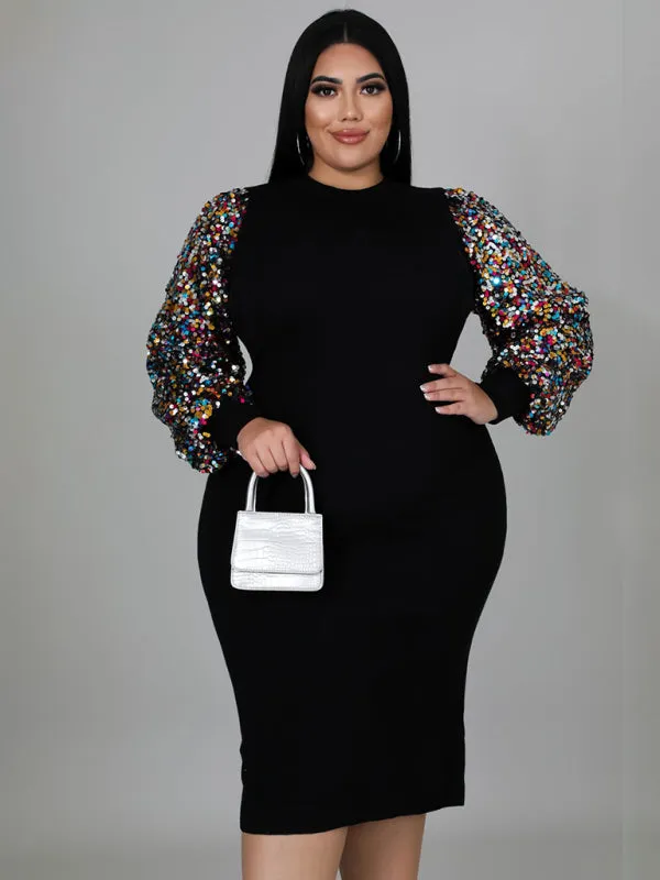 Curvy Plus Size Sequin Bodycon Dress with Long Sleeves