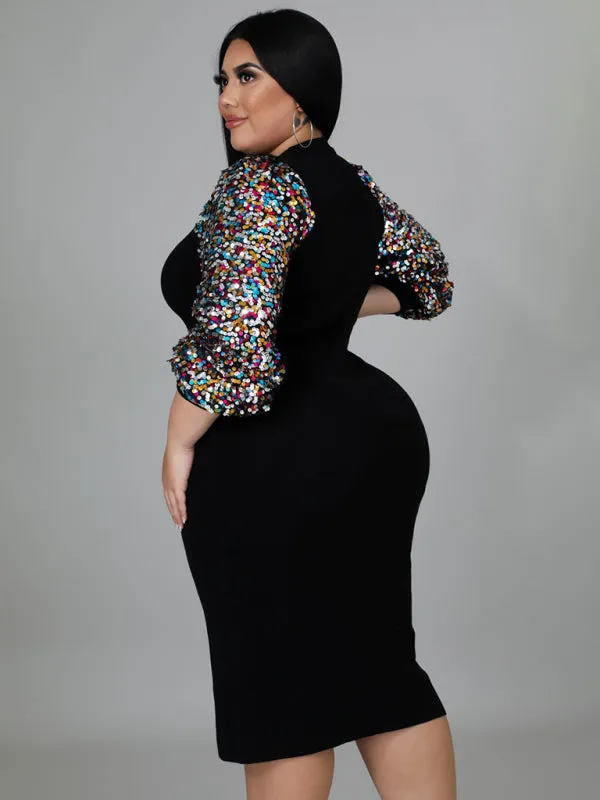 Curvy Plus Size Sequin Bodycon Dress with Long Sleeves