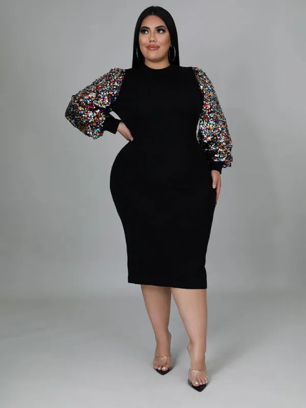 Curvy Plus Size Sequin Bodycon Dress with Long Sleeves