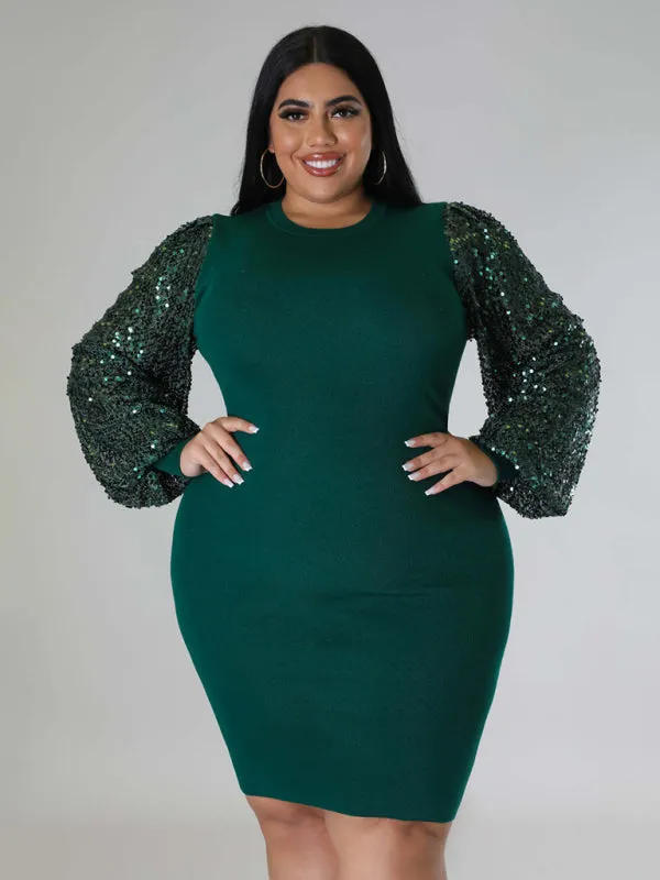 Curvy Plus Size Sequin Bodycon Dress with Long Sleeves