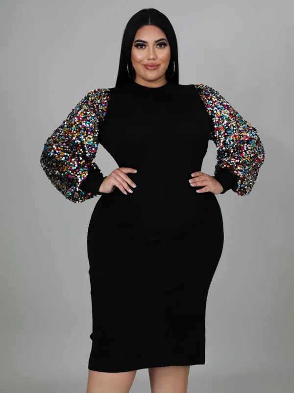 Curvy Plus Size Sequin Bodycon Dress with Long Sleeves