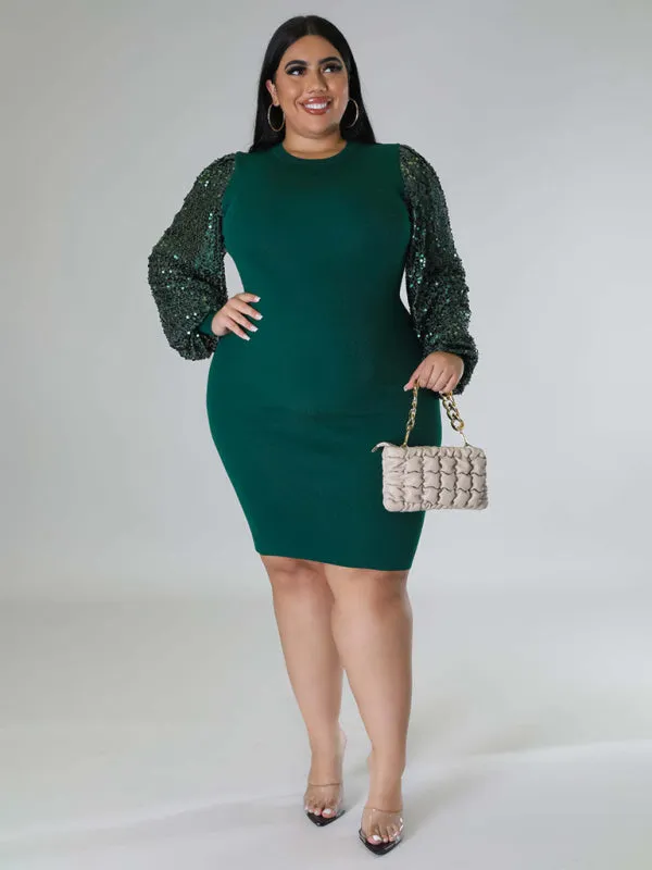 Curvy Plus Size Sequin Bodycon Dress with Long Sleeves