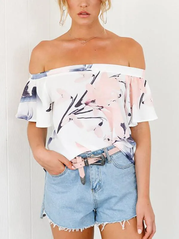 Custom Off The Shoulder Floral Print Short Sleeve Curved Hem White Blouses