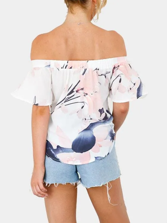 Custom Off The Shoulder Floral Print Short Sleeve Curved Hem White Blouses