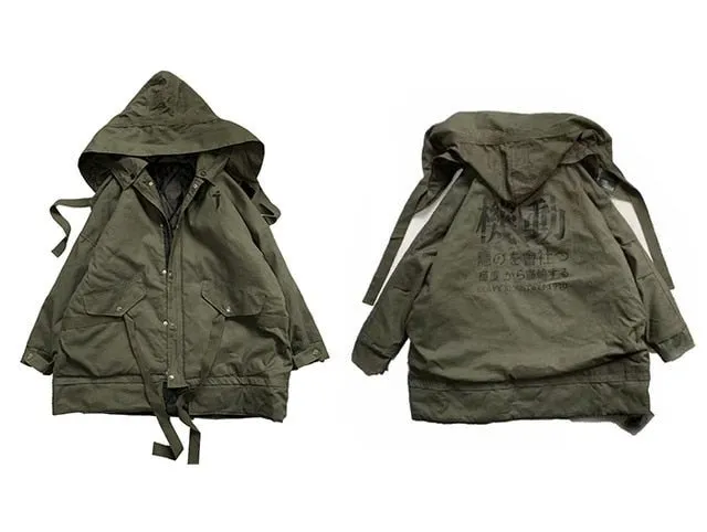 Detachable Letter Printed Mens Hooded Parkas Hip Hop Thick Padded Jackets Harajuku Ribbons Windbreaker Streetwear