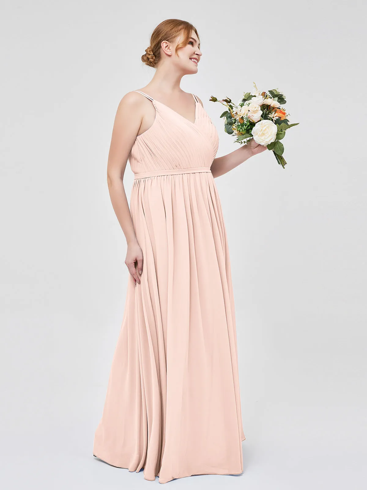 Double Strap Chiffon Bridesmaid Dresses Pearl Pink Plus Size