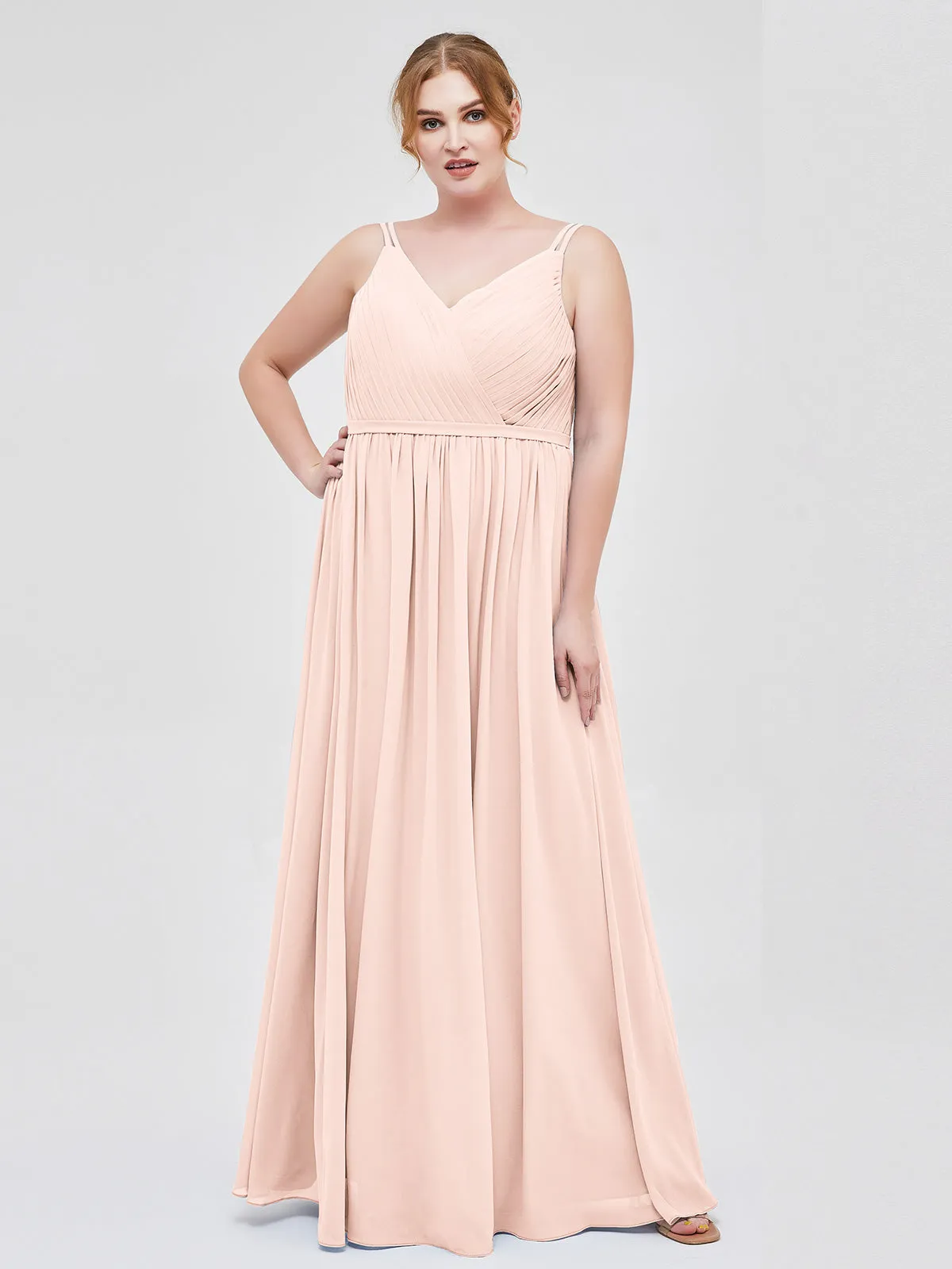Double Strap Chiffon Bridesmaid Dresses Pearl Pink Plus Size