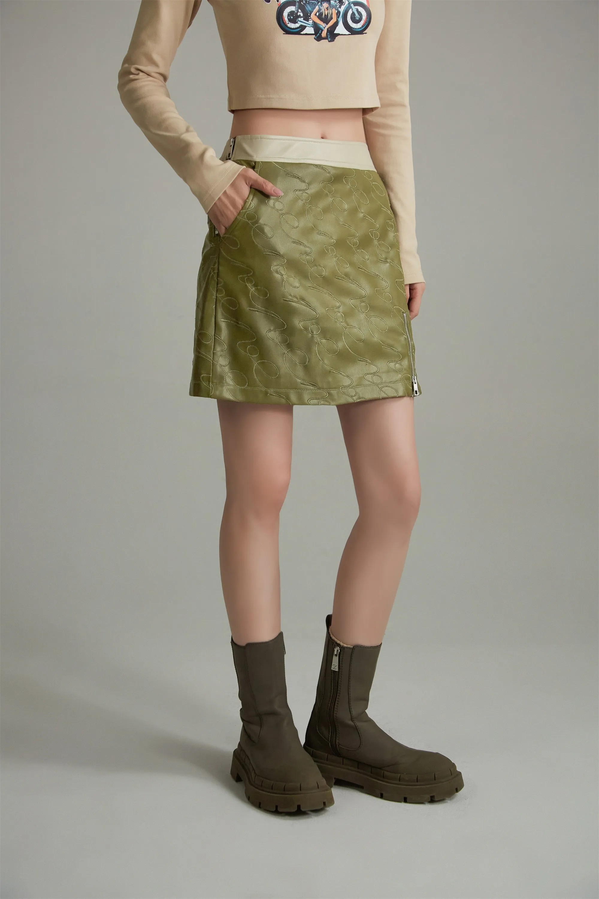 Embroidered Leather Skirt