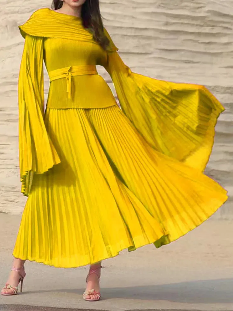Flare Sleeves Top Elastic Waist Long Skirt Suit