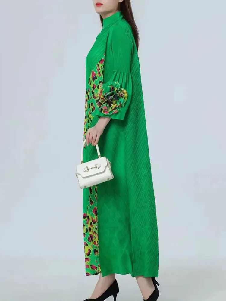 Green Couture Pleated 3/4 Sleeve Midi Dress
