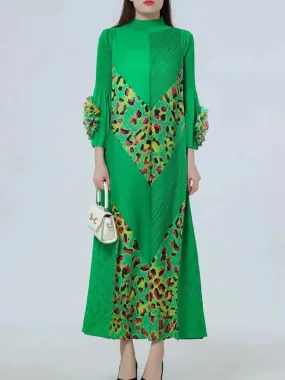 Green Couture Pleated 3/4 Sleeve Midi Dress