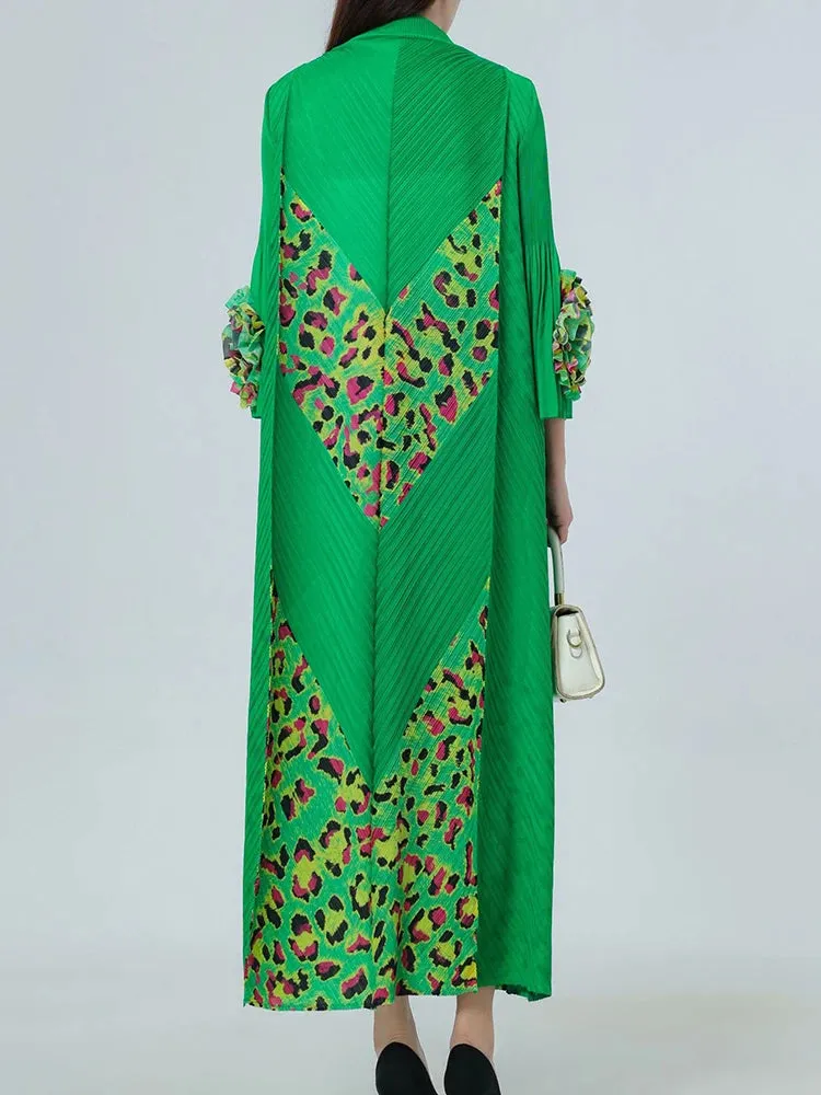 Green Couture Pleated 3/4 Sleeve Midi Dress