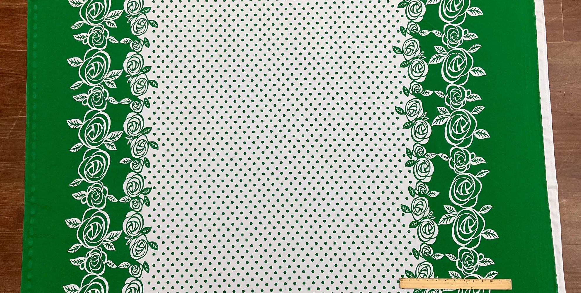 Green-White Dot With Floral Border Print Stretch Poly ITY Knit Fabric