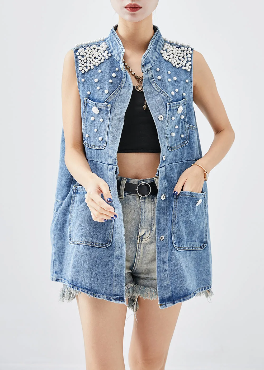 Italian Blue Stand Collar Nail Bead Denim Vests Fall ML2006