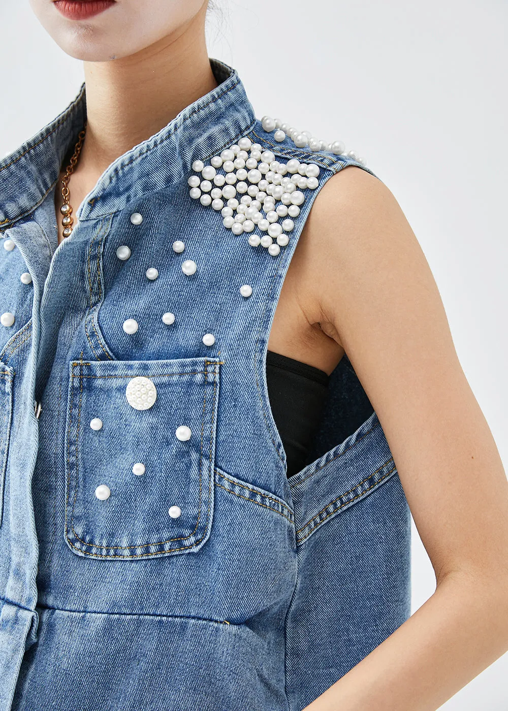 Italian Blue Stand Collar Nail Bead Denim Vests Fall ML2006