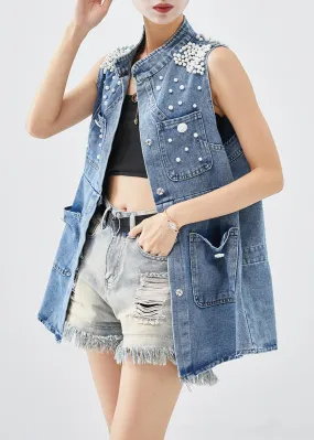 Italian Blue Stand Collar Nail Bead Denim Vests Fall ML2006
