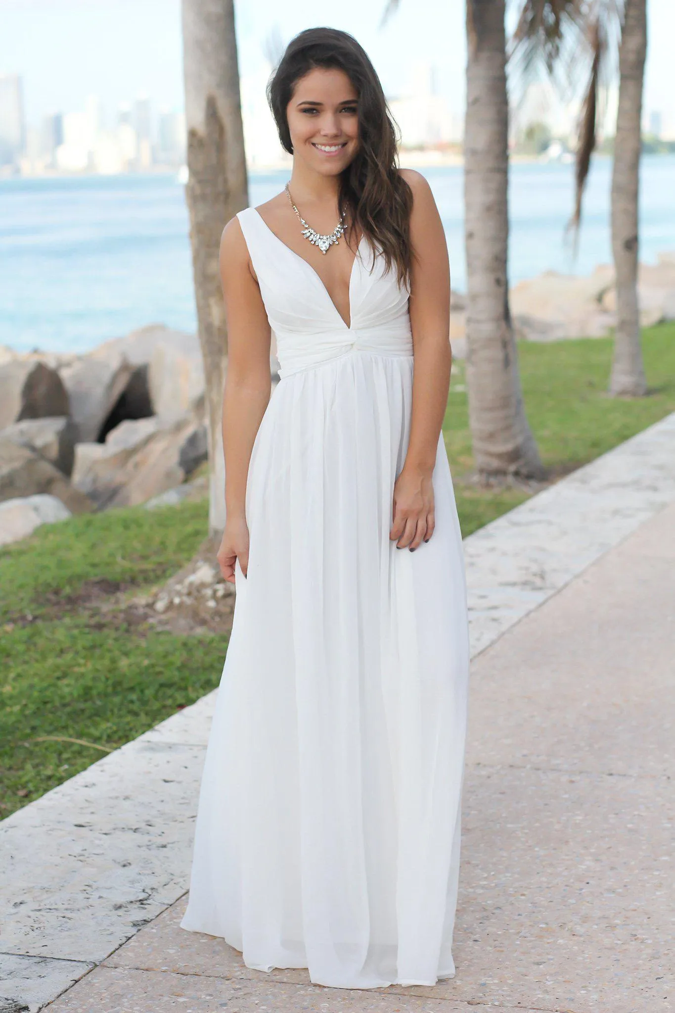 Ivory V-Neck Maxi Dress with Pleated Top
