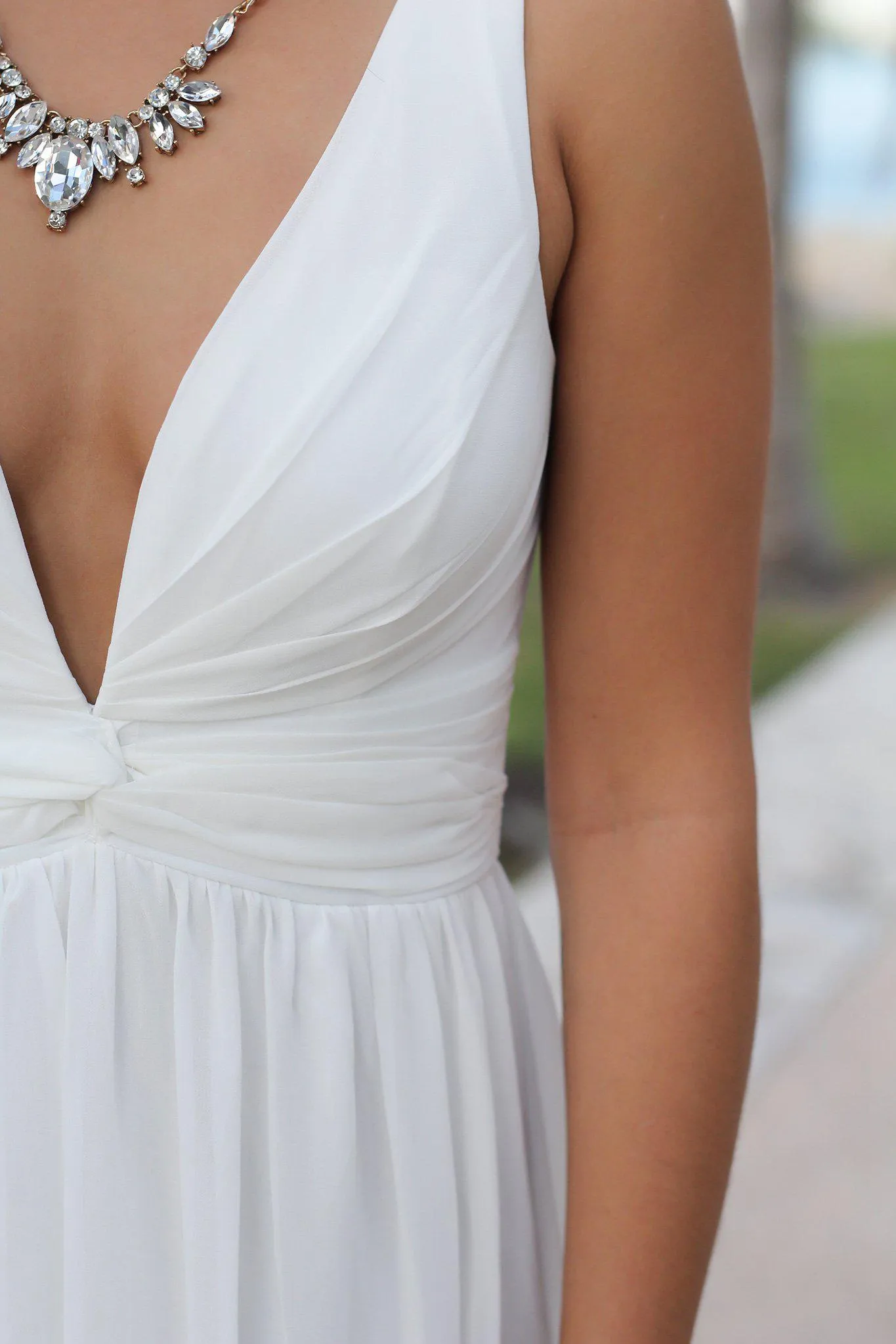 Ivory V-Neck Maxi Dress with Pleated Top