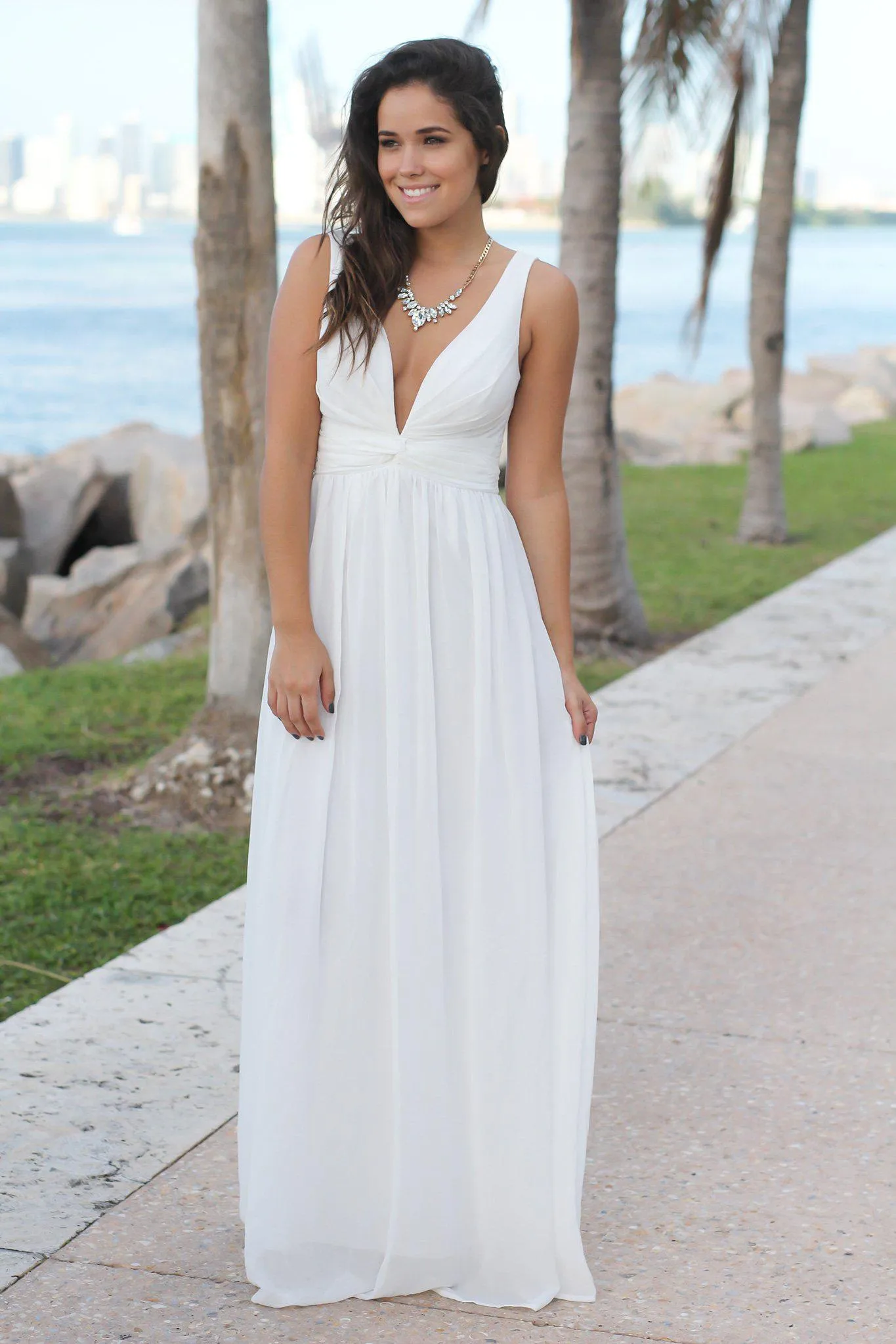 Ivory V-Neck Maxi Dress with Pleated Top
