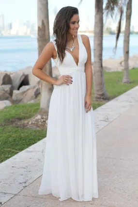 Ivory V-Neck Maxi Dress with Pleated Top