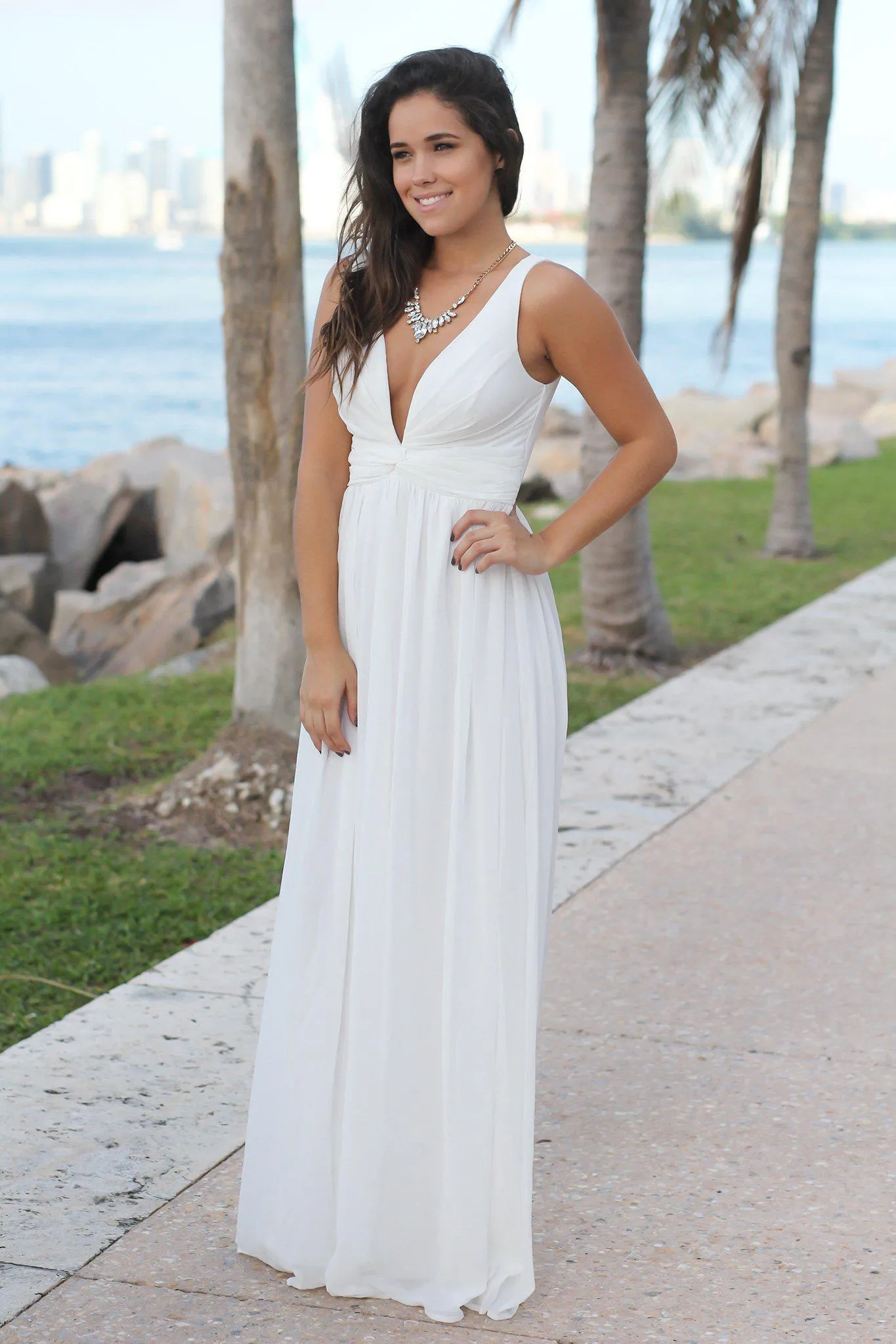 Ivory V-Neck Maxi Dress with Pleated Top