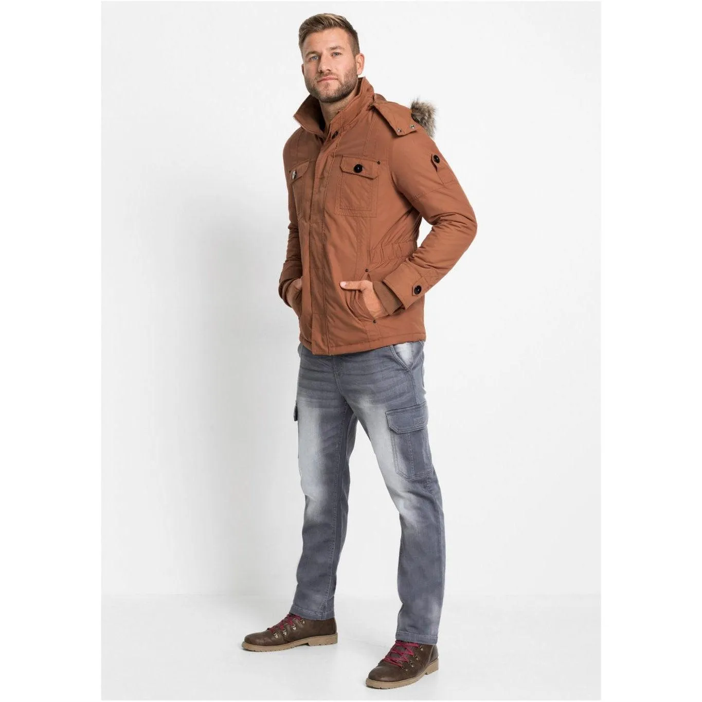 John Baner Hooded Jacket with Fur Trim Chestnut Size 48