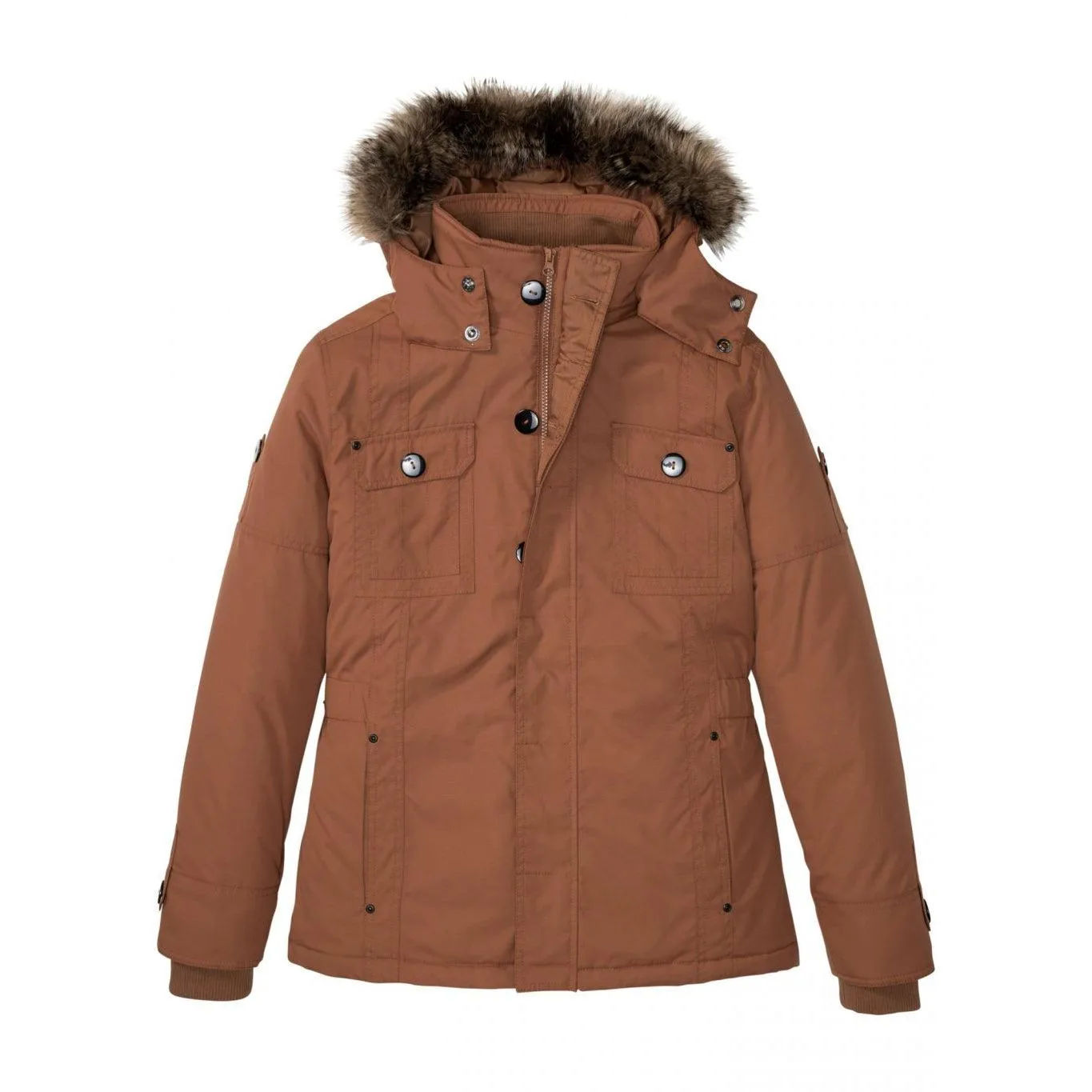 John Baner Hooded Jacket with Fur Trim Chestnut Size 48