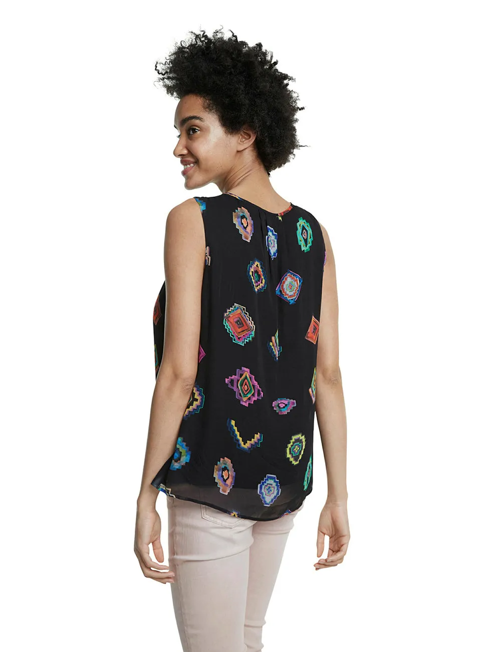 Julie Sleeveless Blouse Black with Multicoloured Geometric Print Desigual Style 20SWBW11