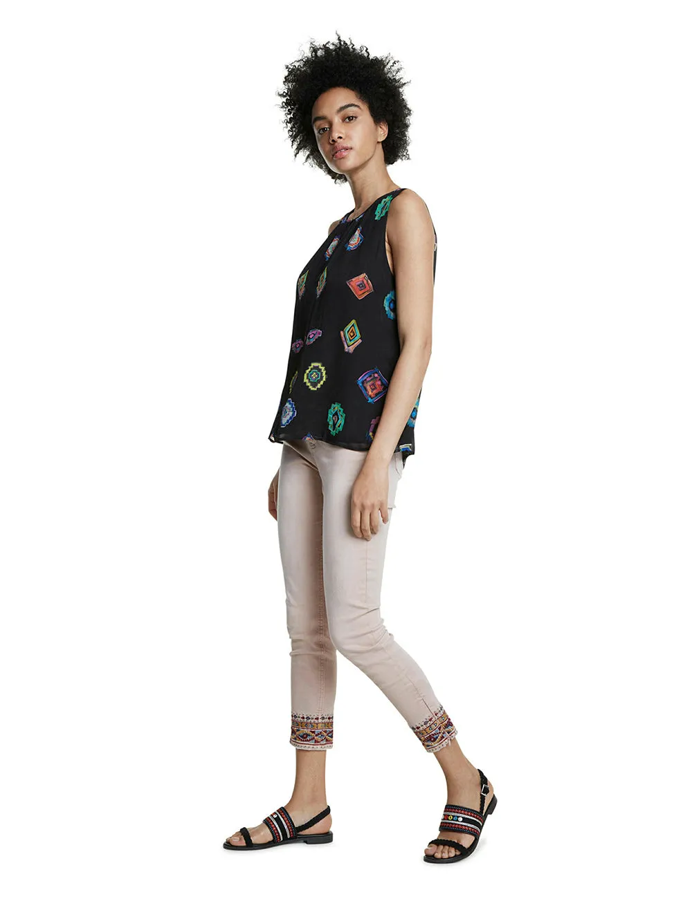 Julie Sleeveless Blouse Black with Multicoloured Geometric Print Desigual Style 20SWBW11