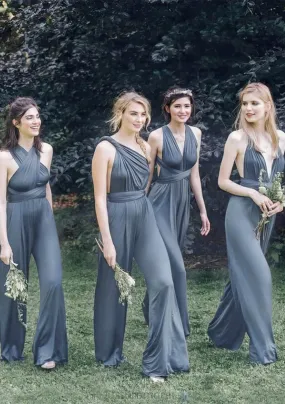 Jumpsuit/Pantsuit Sleeveless Long/Floor-Length Jersey Bridesmaid Dresses With Pleated Isabela HHP0025397