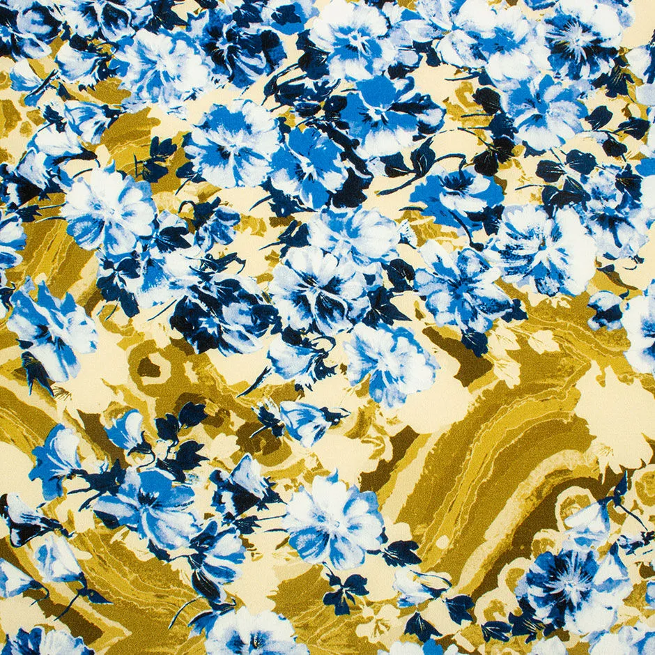 Khaki Green & Blue Floral Silk Crêpe de Chine