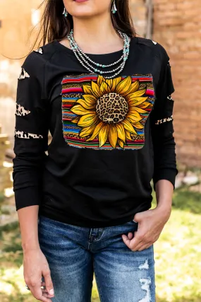 Leopard Sunflower Print Cut-out Pullover Sweatshirt