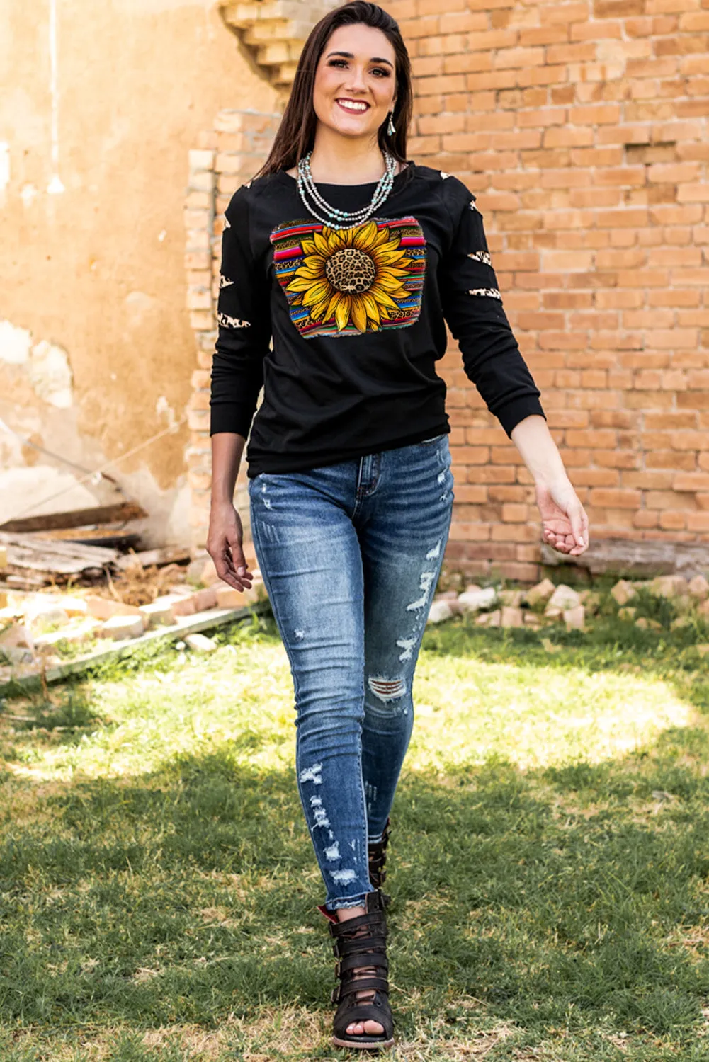 Leopard Sunflower Print Cut-out Pullover Sweatshirt