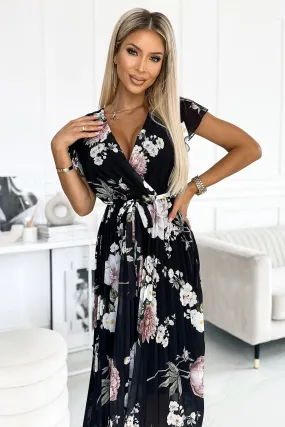 LISA Pleated midi dress with a neckline and frills - spring flowers on a black background