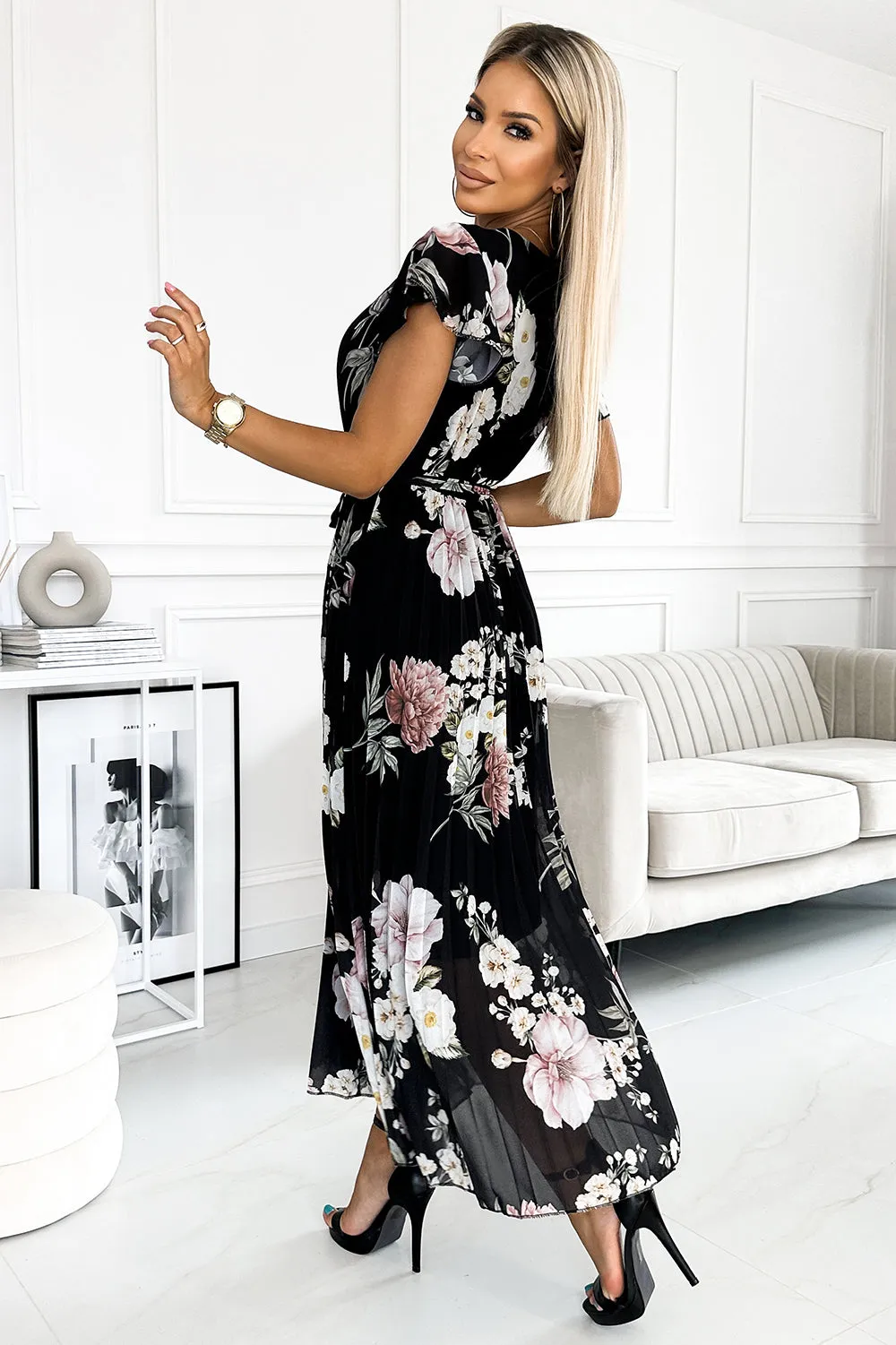LISA Pleated midi dress with a neckline and frills - spring flowers on a black background
