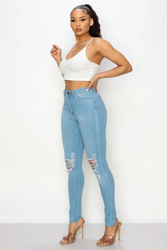 LO-202 High rise stretch ripped knee skinny jeans