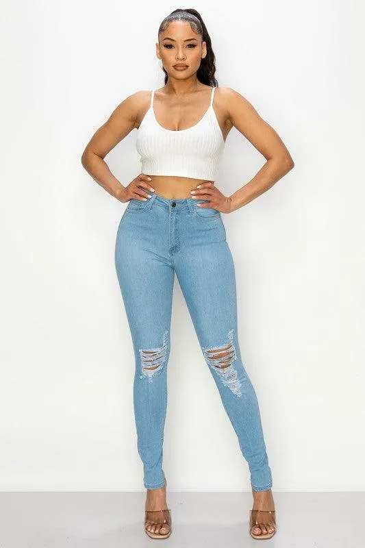 LO-202 High rise stretch ripped knee skinny jeans