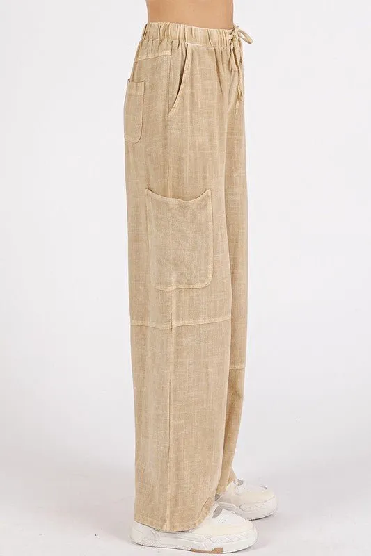 Mineral Wash Drawstring Waist Pants in Sand