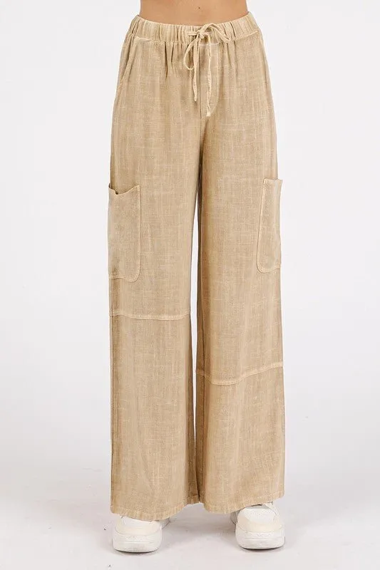 Mineral Wash Drawstring Waist Pants in Sand