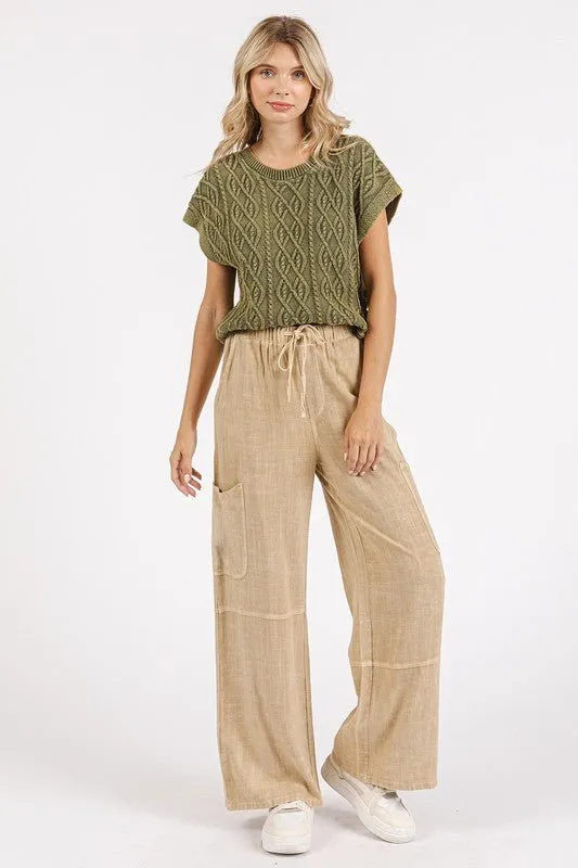 Mineral Wash Drawstring Waist Pants in Sand