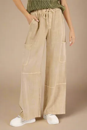 Mineral Wash Drawstring Waist Pants in Sand