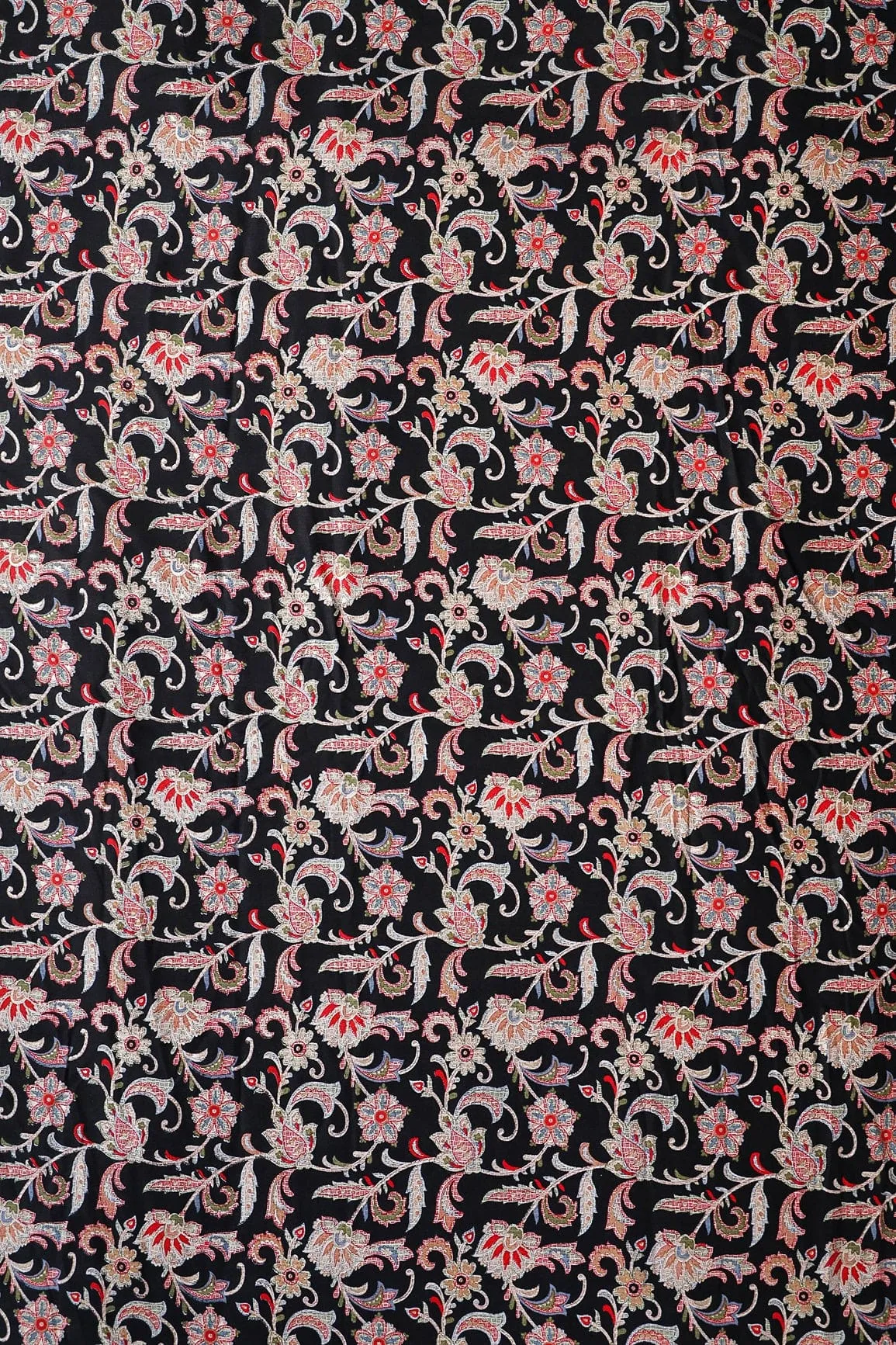 Multi Color Floral Pattern With Foil Print On Black Pure Rayon Fabric