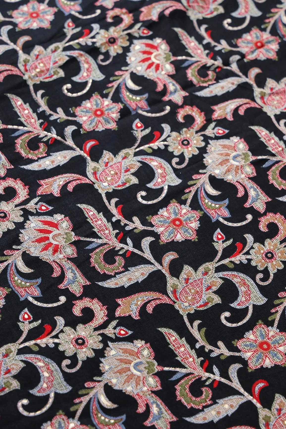 Multi Color Floral Pattern With Foil Print On Black Pure Rayon Fabric