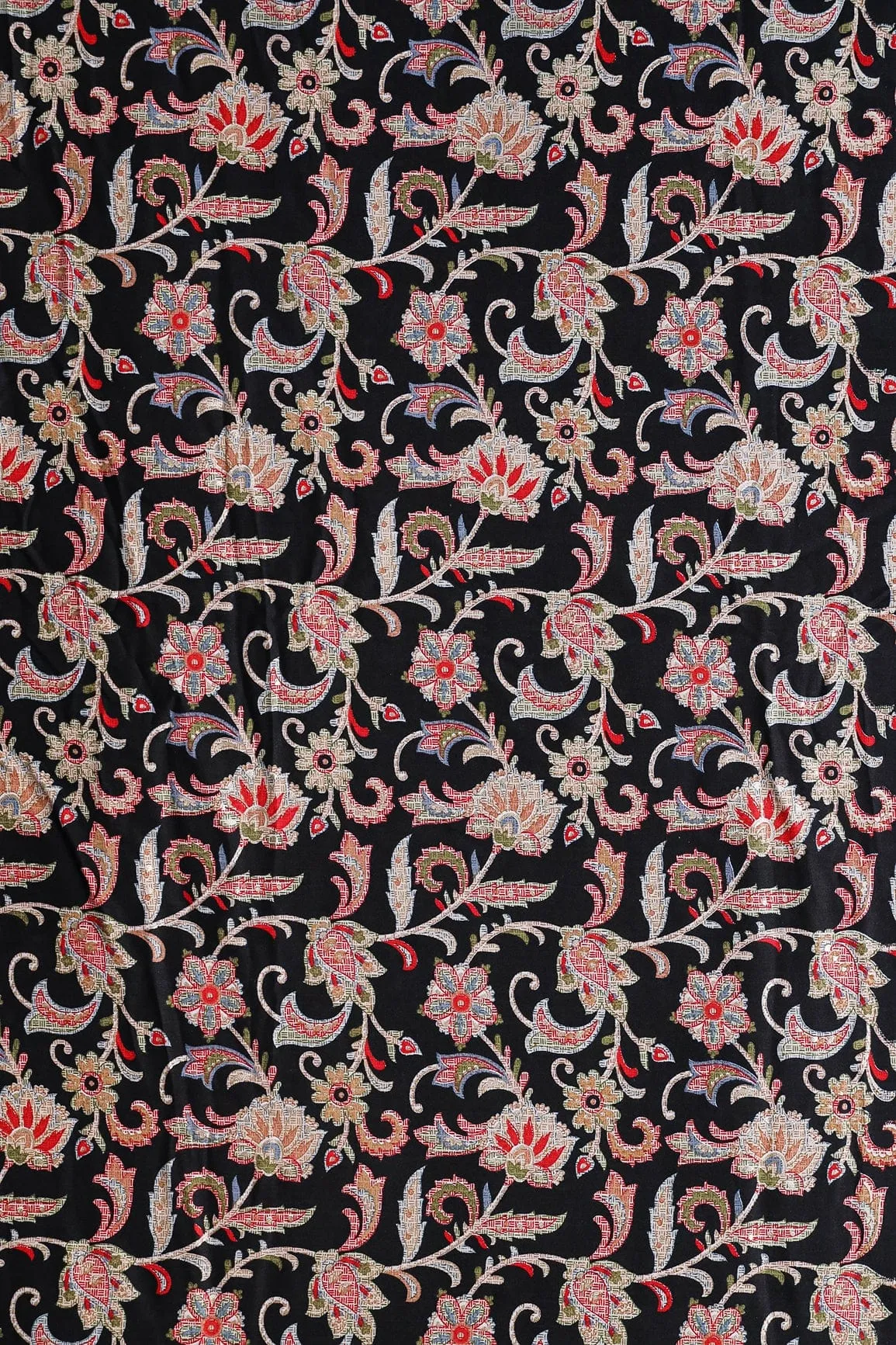 Multi Color Floral Pattern With Foil Print On Black Pure Rayon Fabric